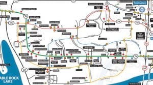 Branson "Colored Route " map with areas impacted. (Click for enlarged version.)