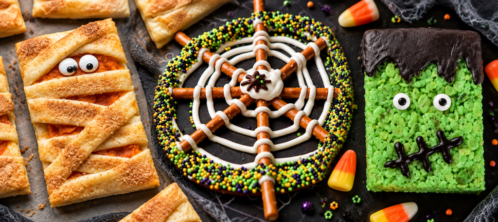 halloween treats | Branson.com Halloween-themed dessert spread: a spiderweb-topped ring made of pretzel sticks and icing, surrounded by festive pastries and candy corn.