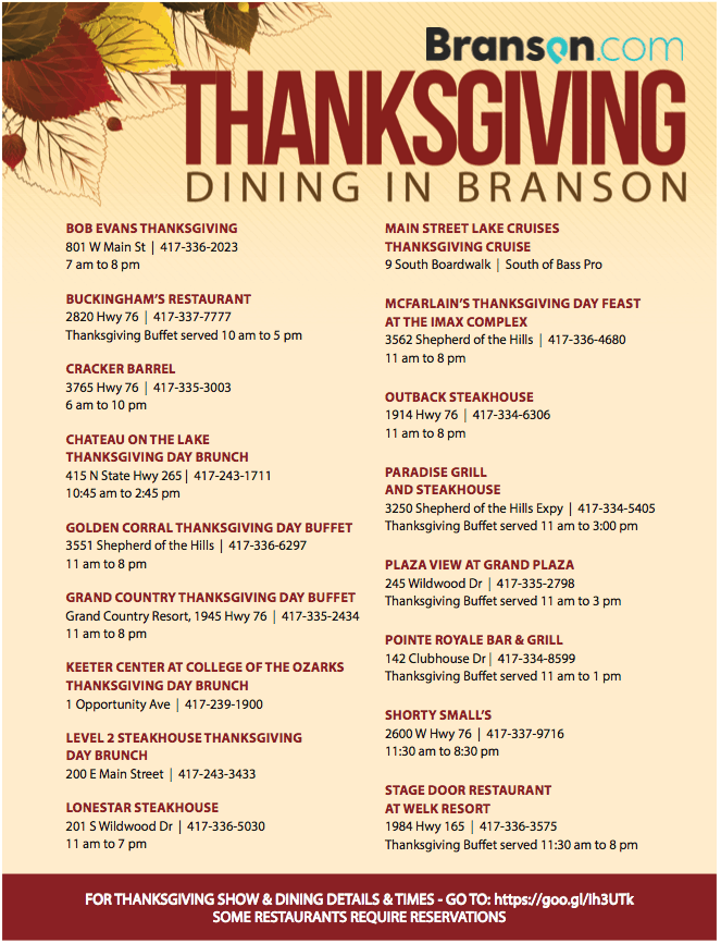 2018 Thanksgiving Meal List for Branson, Missouri