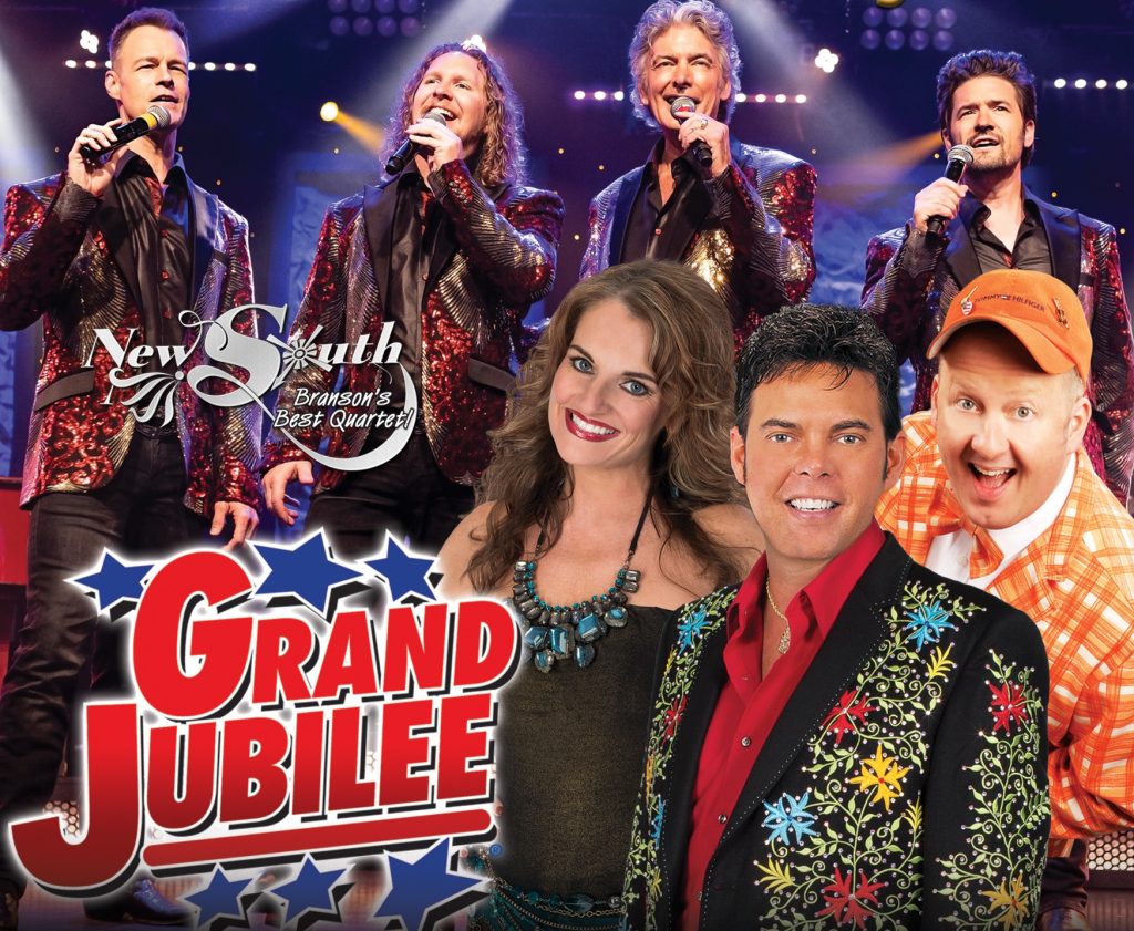 Poster for a Branson show: four male singers in sparkling red jackets on stage with bright lights and 'Branson's Most Entertaining Show!' headline; lower text hints 'Grand Jubilee' and 'New South'.