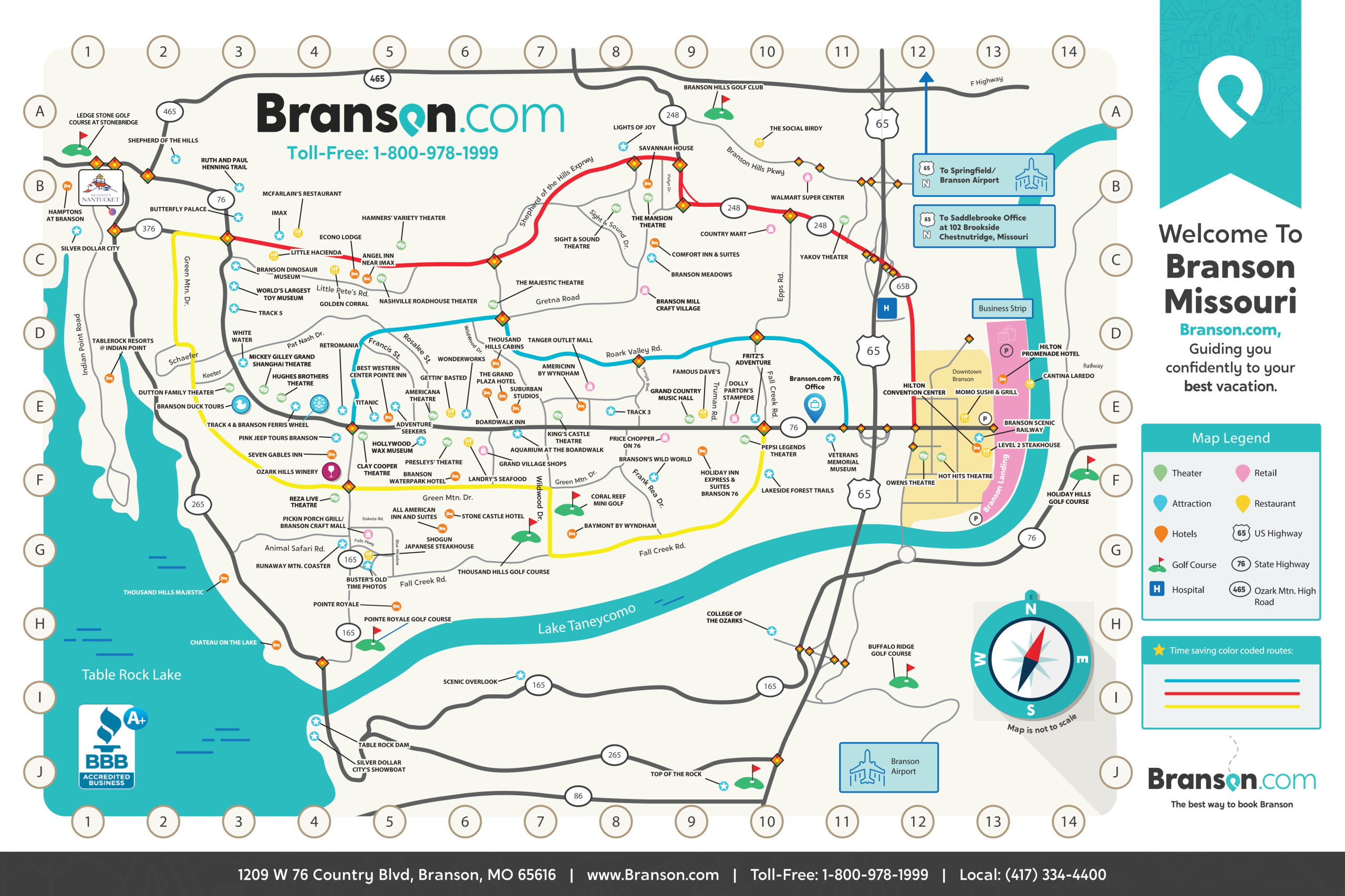 Branson map showing road routes, attractions, and a welcome banner in Branson, Missouri, with legend on the right.