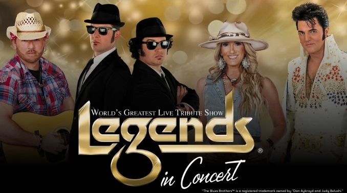 Promotional banner for Legends in Concert, five tribute performers in hats and sunglasses with a gold logo.