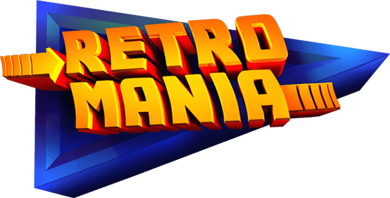 Retro Mania logo: bold orange 3D letters with arrows, set on a blue geometric backdrop.
