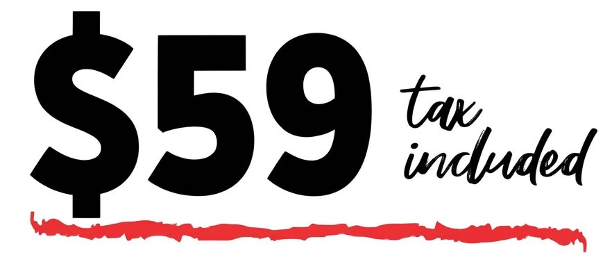 Big  price banner with 'tax included' text and a red underline.