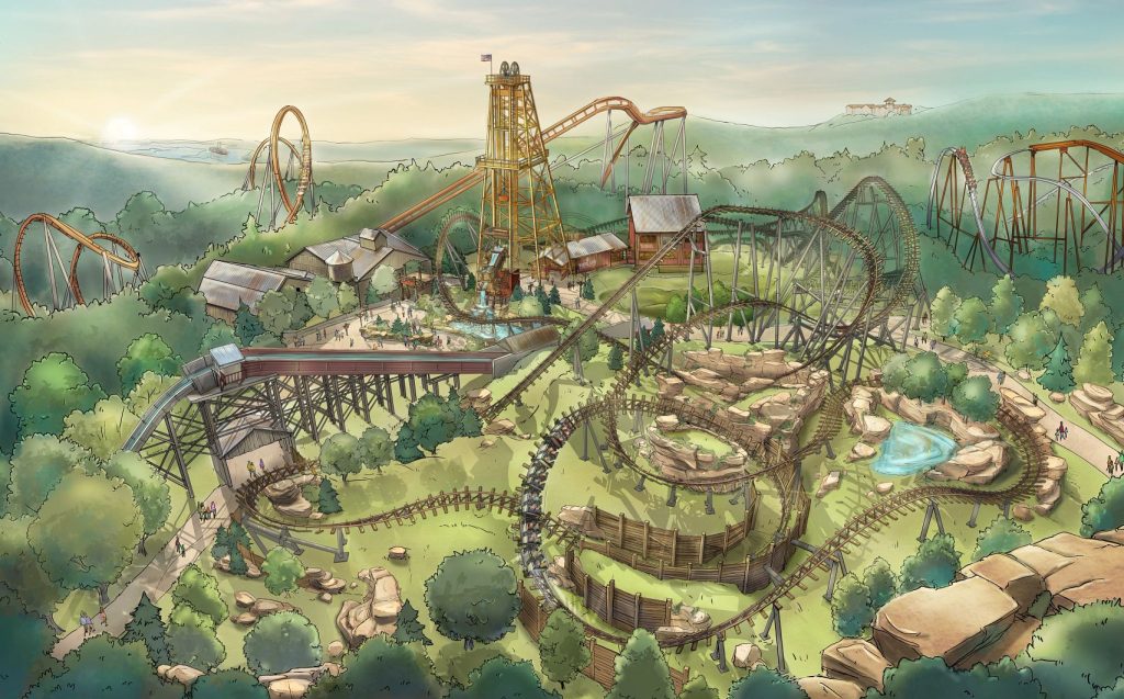SDC27_MME_Birdseye Final | Branson.com Bird's-eye view of a sprawling amusement park with wooden roller coasters, a tall central drop tower, and green forest surrounding winding tracks.
