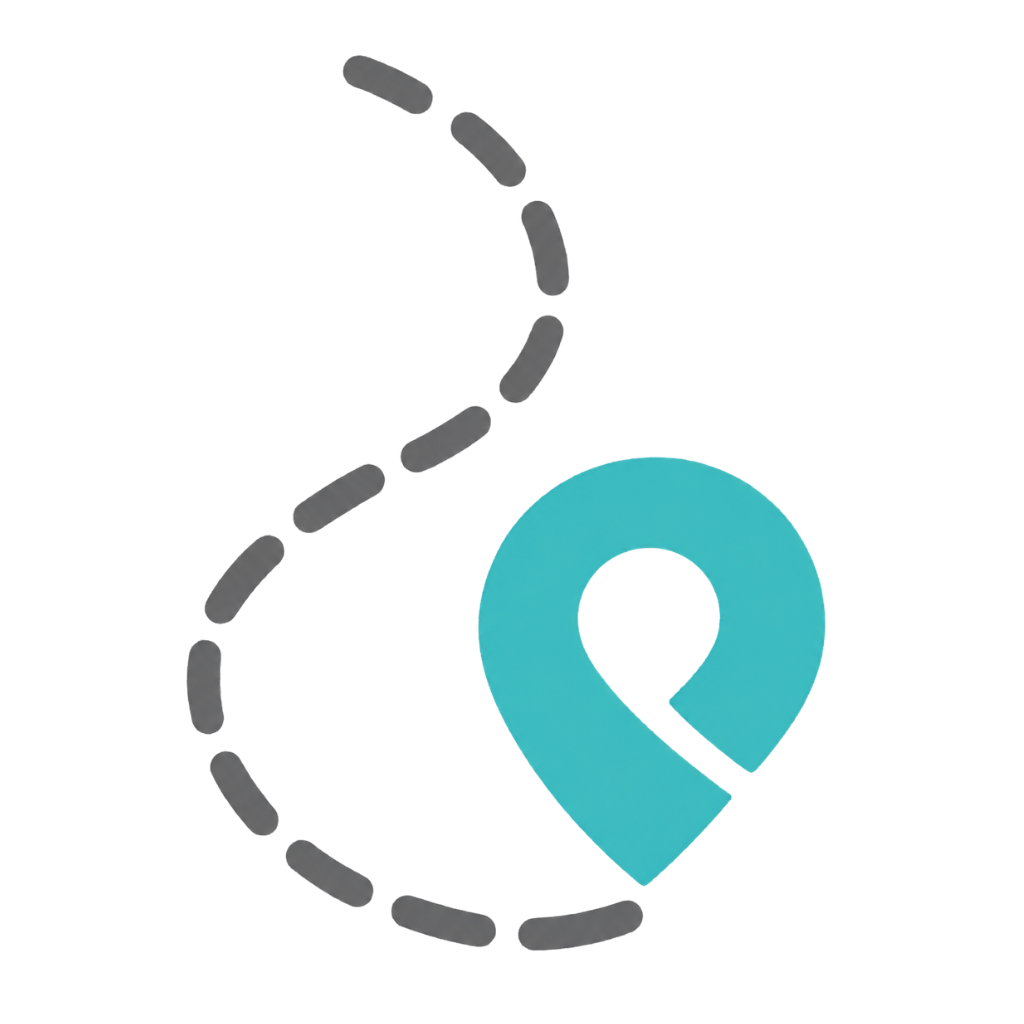 Turquoise location pin icon with a dashed circular trail around it