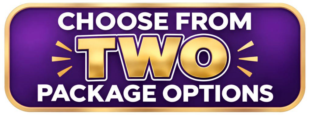 Purple banner with a gold border reading 'Choose from two package options'.