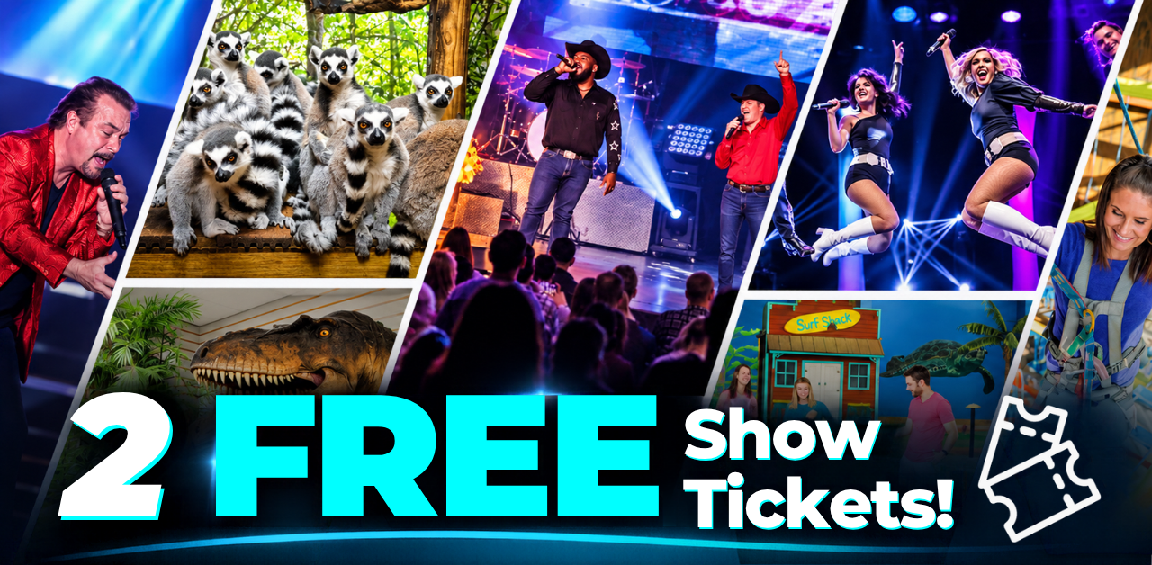 Bright collage showing singers, dancers, animals, and a crowd with a bold '2 FREE Show Tickets!' promo text at the bottom left/center stage light glow.