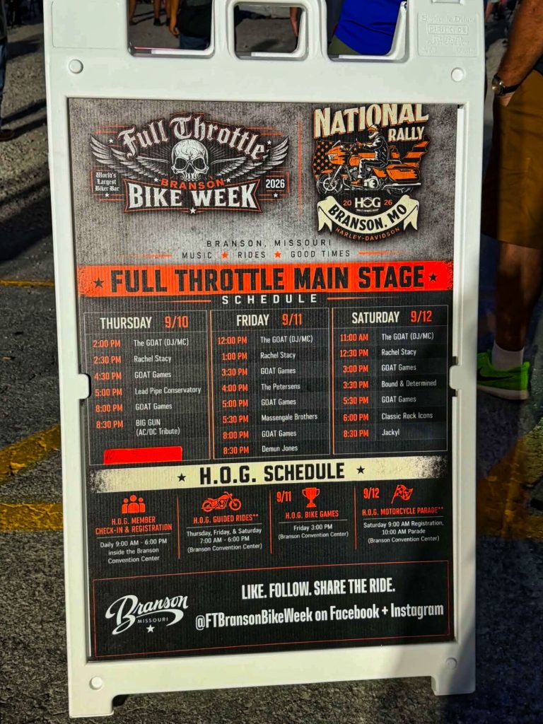 Posterboard for Branson Bike Week with a Full Throttle Main Stage schedule and Harley‑Davidson imagery in Branson, Missouri (public event poster).