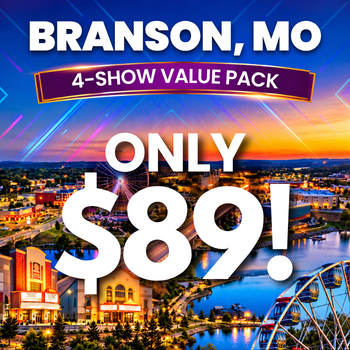 Promo banner for Branson, MO advertising a 4-show value pack and 'Only $89' over a sunset cityscape.