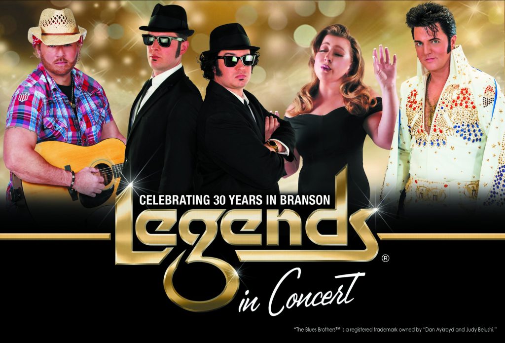 Poster for a live tribute show titled "World's Greatest Live Tribute Show" featuring five Elvis impersonators against a gold, sparkling background.