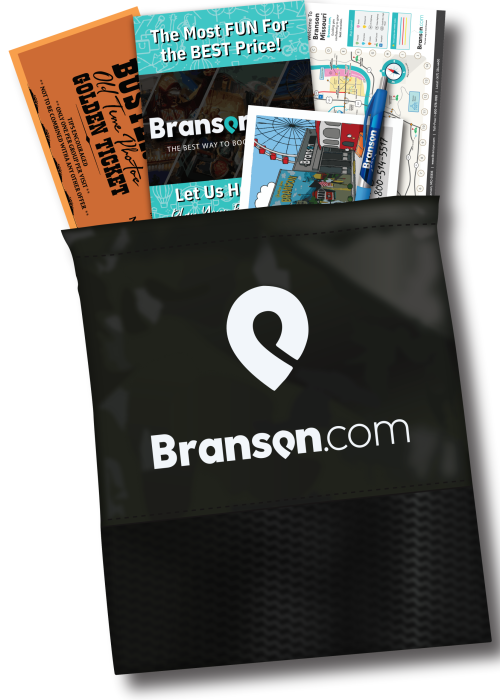 Branson tourism brochures tucked in a black gift bag, including a teal flyer that reads 'The Most FUN For the BEST Price!'